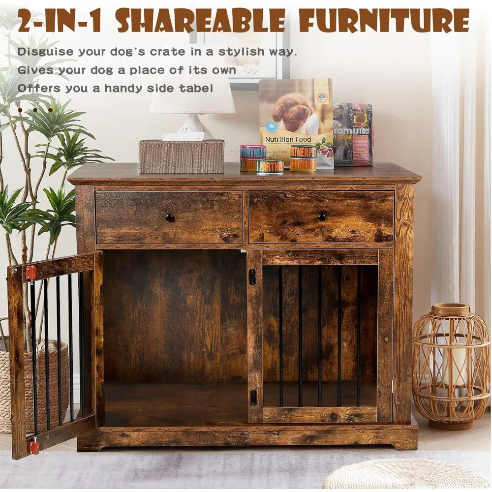 44 Inch Wooden Dog Crate End Table With Storage Drawers