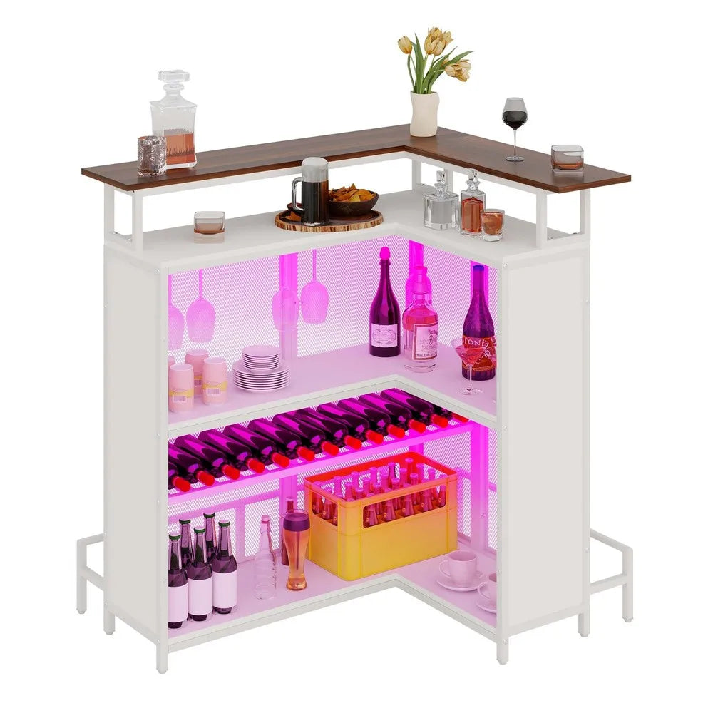 L Shaped Mini Home Bar Unit Wine Rack Glasses Hanger with Music Sensing LED Ligh
