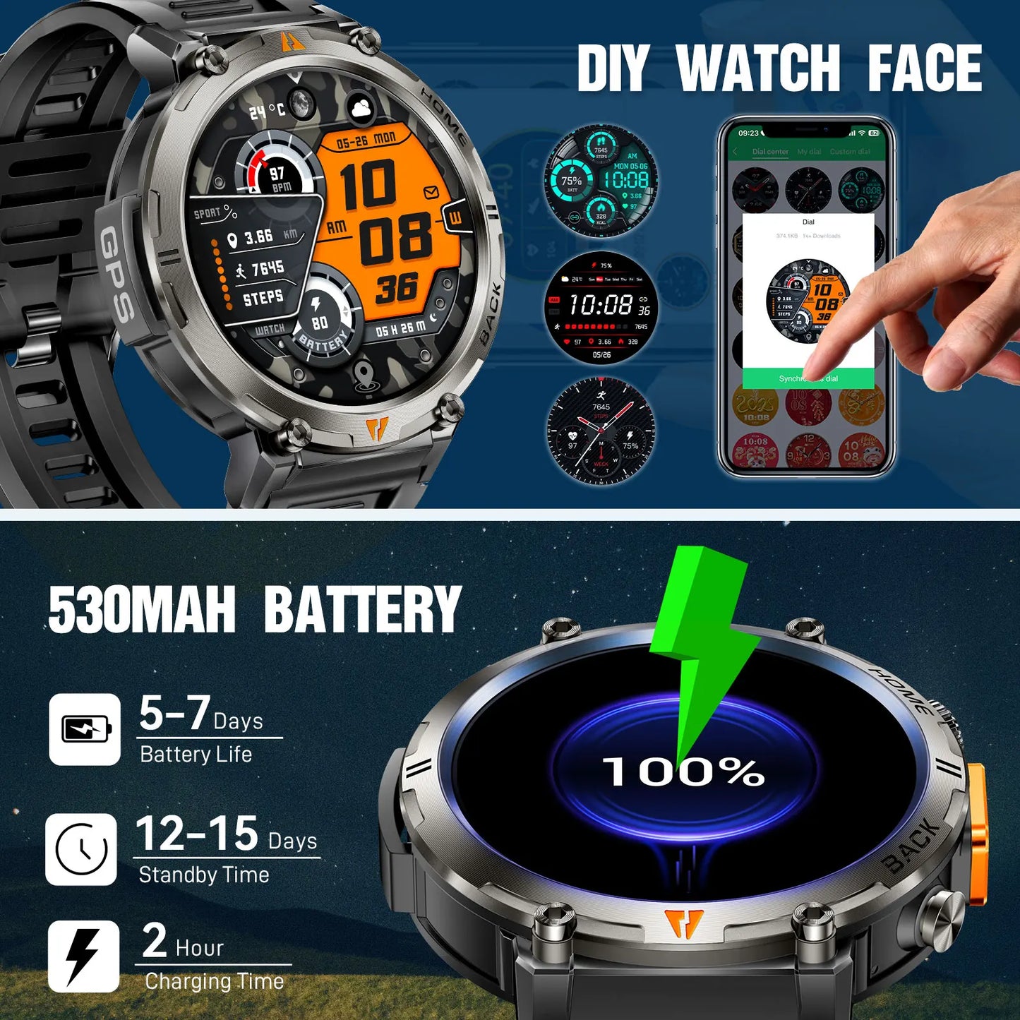 EIGIIS KE3 Smart Watch 3ATM Waterproof Original Design For Men Bluetooth Call Health Monitor With Flashlight 100+ Sports Modes