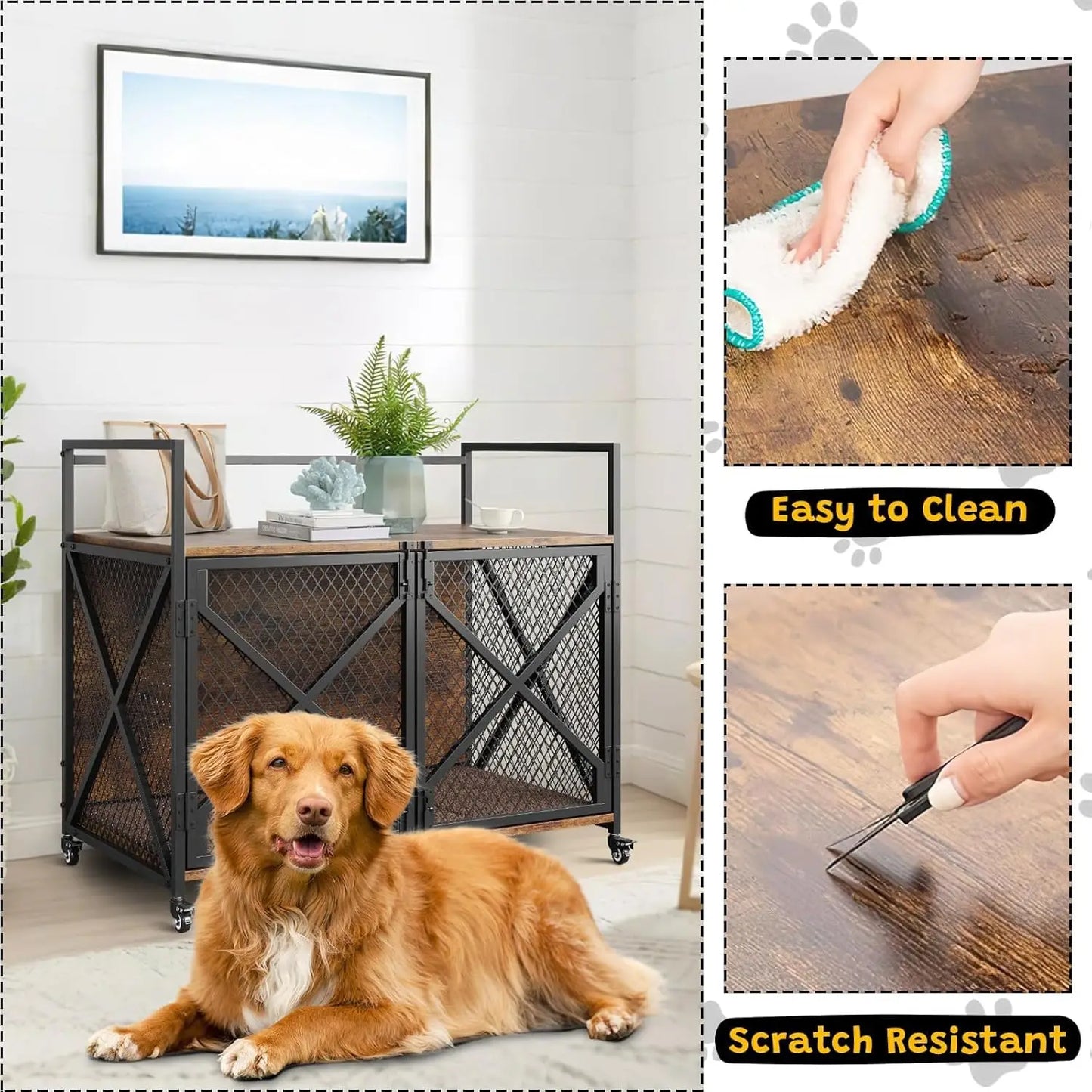 Large Wooden Dog Crate End Table Indoor With Lockable Wheels