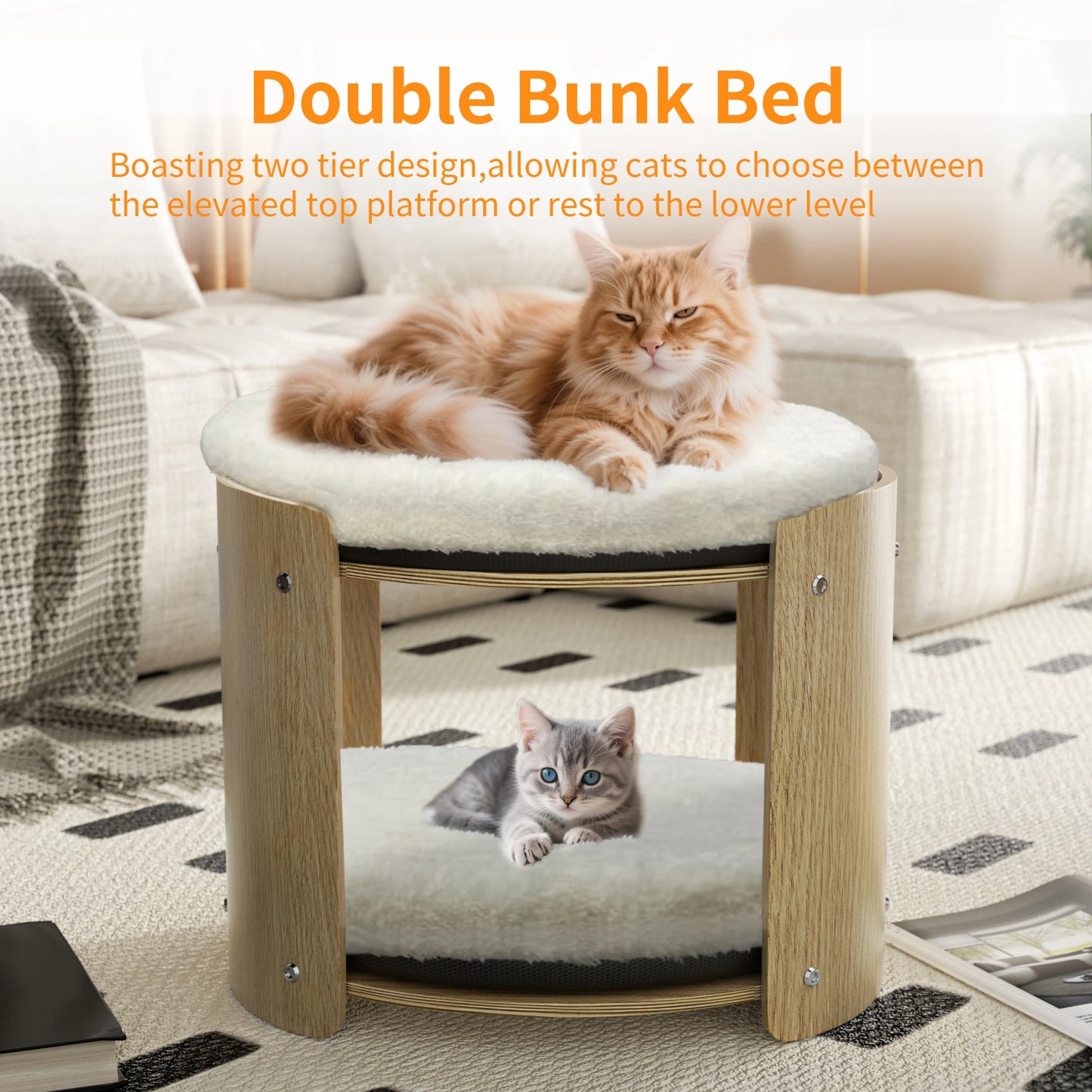 Elevated Indoor Cat Bed Two Tier Bamboo Cat Tree Mat