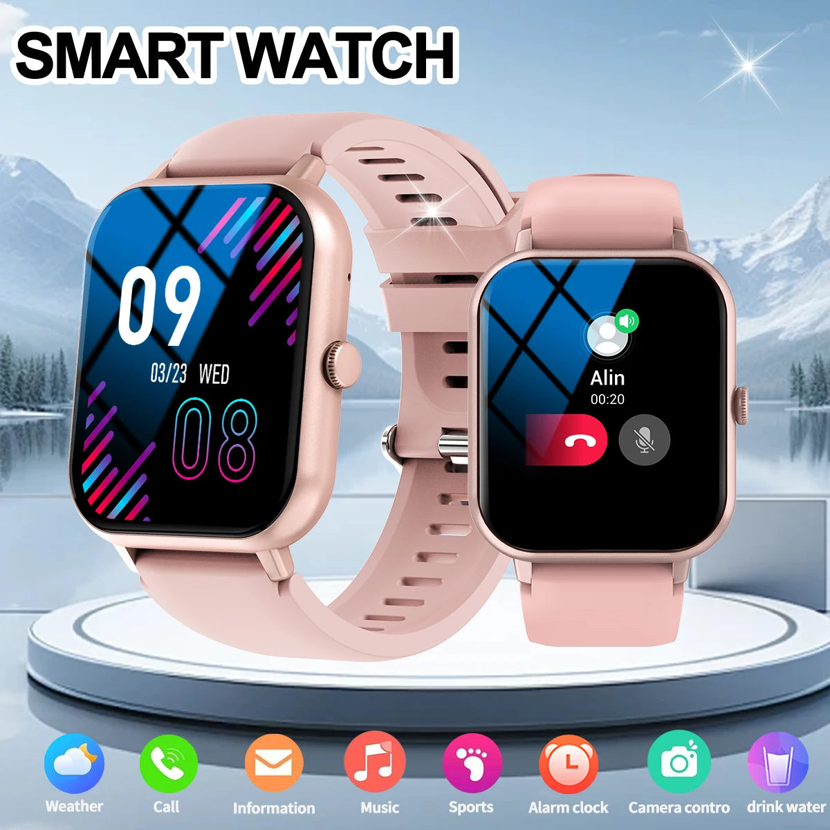 Smart watch with multiple sports modes, wireless calls, weather forecast, custom dials, compatible with Android and iPhone