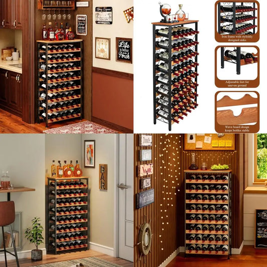 Freestanding 8-Tier Wooden Top Wine Rack for Floor Storage in Kitchen and Pantry