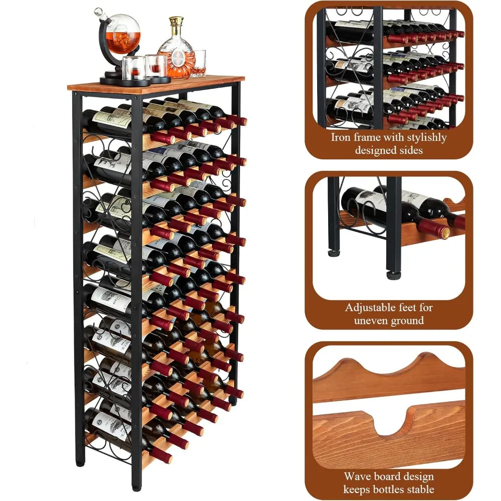 Freestanding 8-Tier Wooden Top Wine Rack for Floor Storage in Kitchen and Pantry