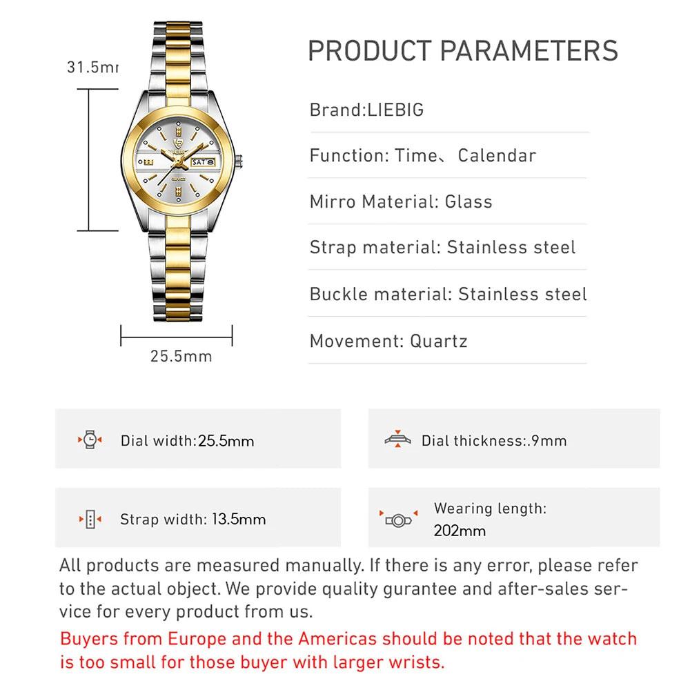 New Fashion Quartz Golden Wristwatches For Womens Luxury Stainless Steel Women Waterproof Calendar relogio masculino Clock
