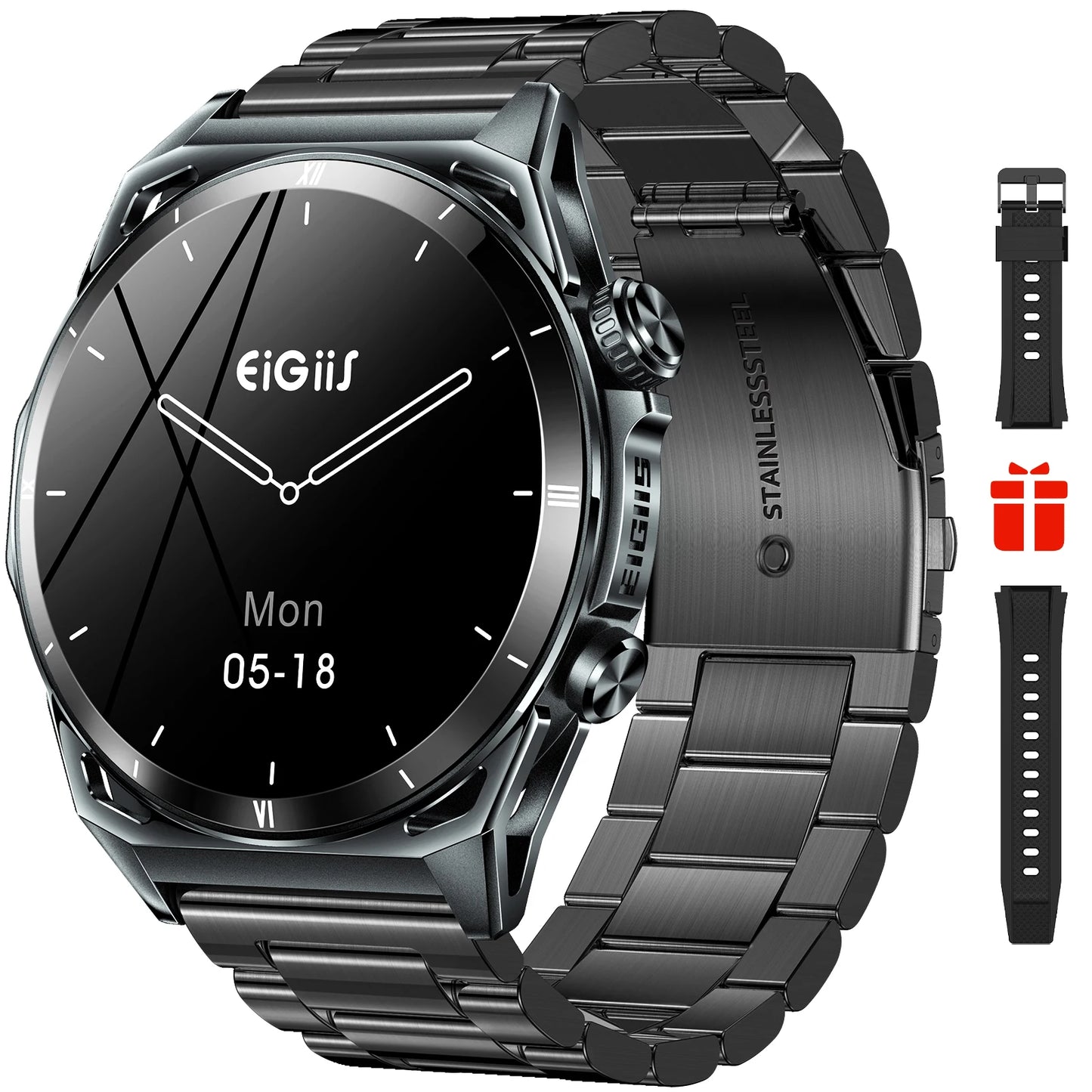 EIGIIS New Smart Watch KE6 1.43 Inch AMOLED Display Men Black Sports Watch KE Series Bluetooth Call Health Monitor IP68 Waterproof