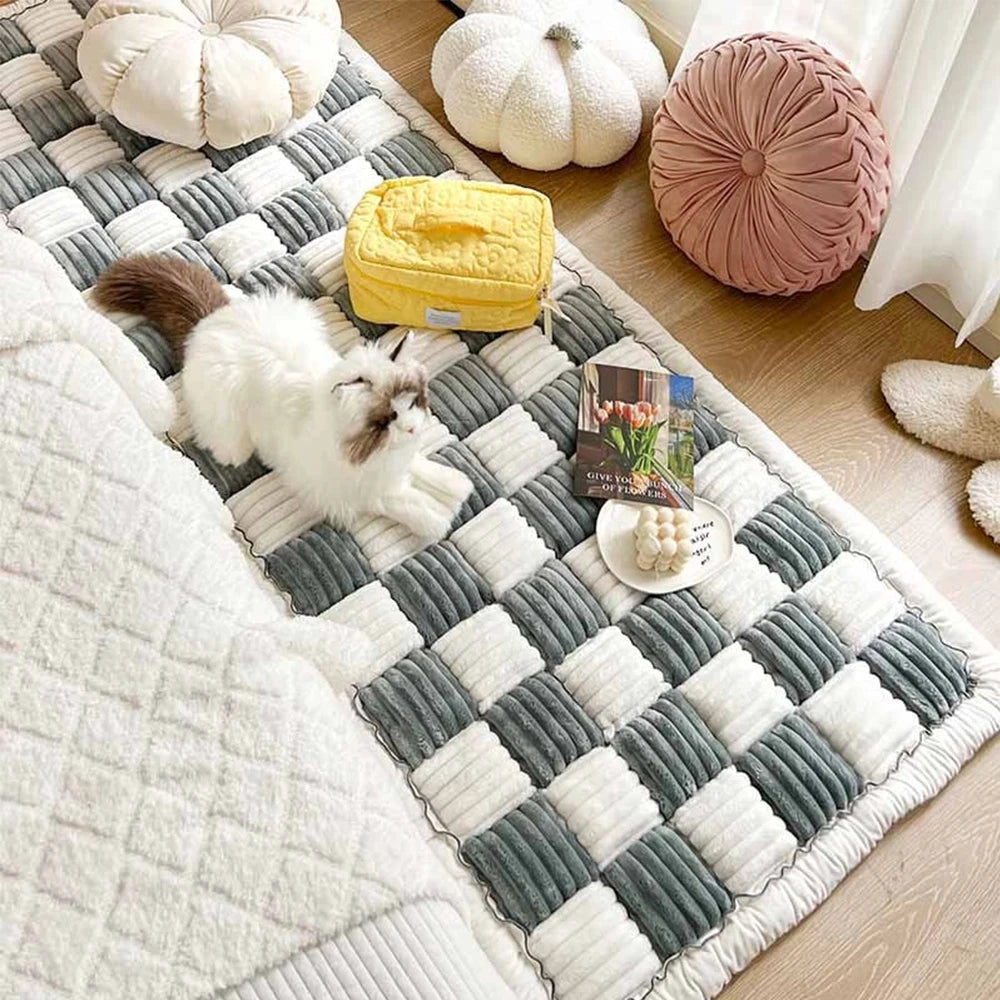 Cream Plaid Dog Bed Mat Cushion Anti Slip Washable Cover