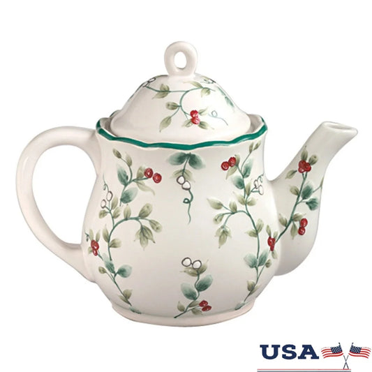 Winterberry Sculpted Teapot Ceramic Dishwasher Safe 49 oz Elegant Teaware Perfect Entertaining and Everyday Use Timeless Holiday
