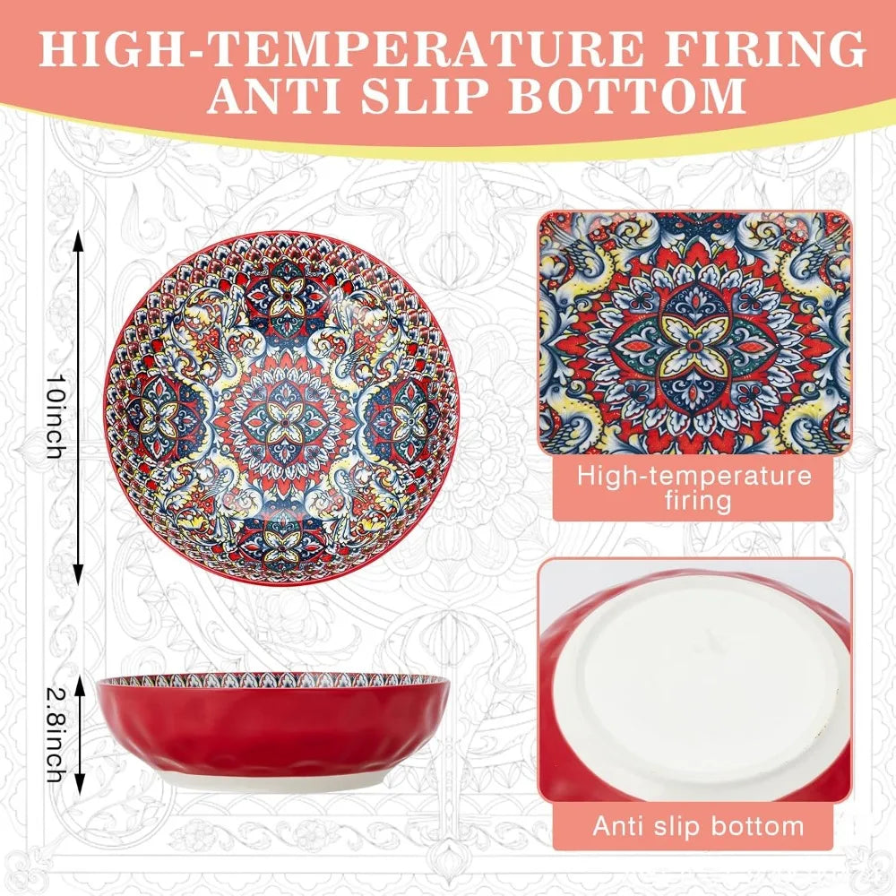 Extra Large Bohemian Ceramic Serving Bowls Set of 4 - Ideal for Salad, Soup, Fruit, Pasta, Cereal, and Microwave Use
