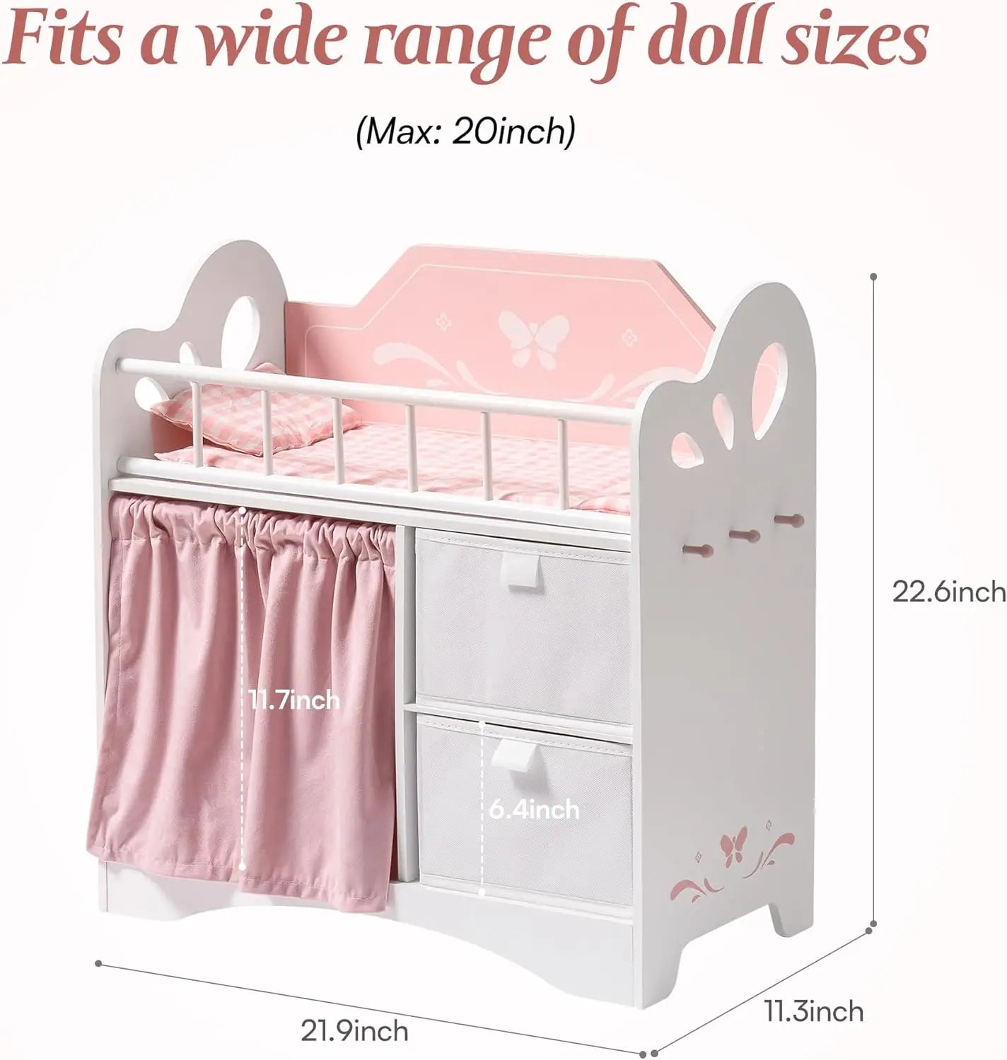 Robotime Pink Baby Doll Crib With Storage Bedding And Hooks