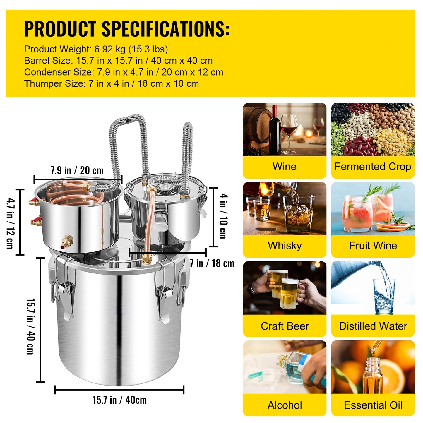 SucceBuy 50L Alcohol Water Distiller Bottle Moonshine Equipment Stainless Steel Brewing Machine for Whisky Wine Beer Dispenser