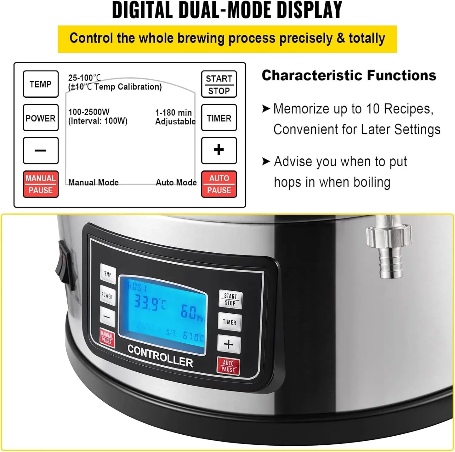 Electric Brewing System,9.2 Gal/35 L Brewing Pot, All-in-One Home Beer Brewer w/Pump, Mash Boil Device w/Panel, Auto/Manual Mode