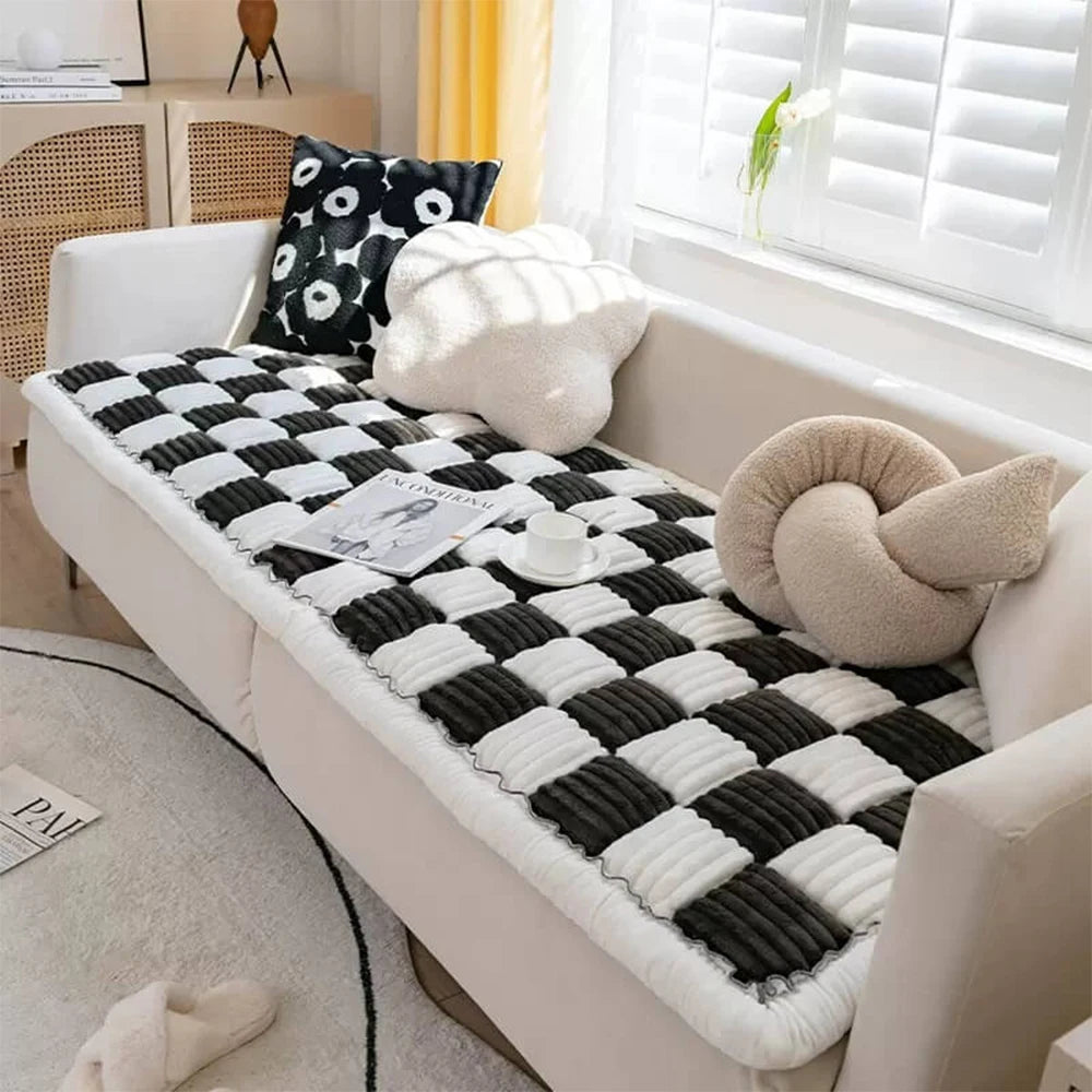 Cream Plaid Dog Bed Mat Cushion Anti Slip Washable Cover