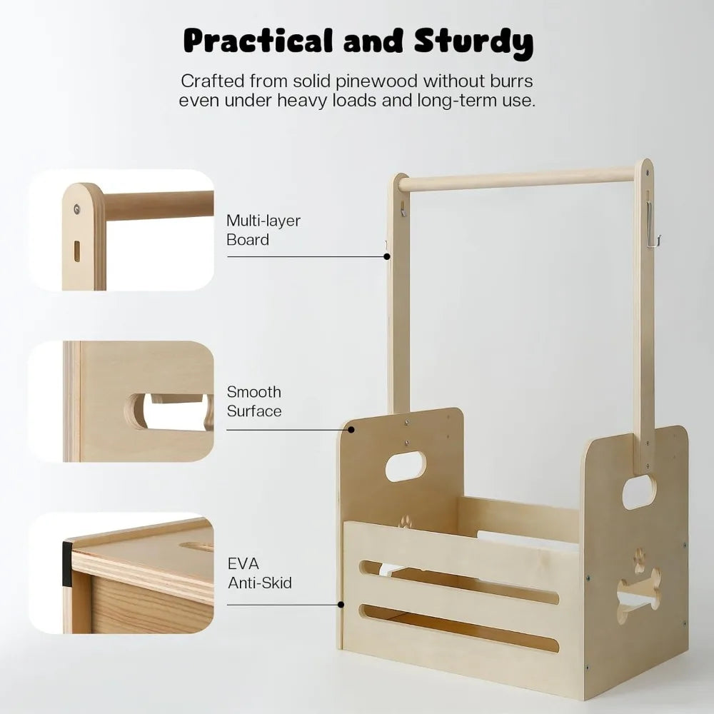 35L Wooden Dog Storage Organizer, Dog Toy Bin with Hanging Rods, 27"x16"x11" Pet Wardrobe Closet with 2 Metal Hooks, Pet Clothes