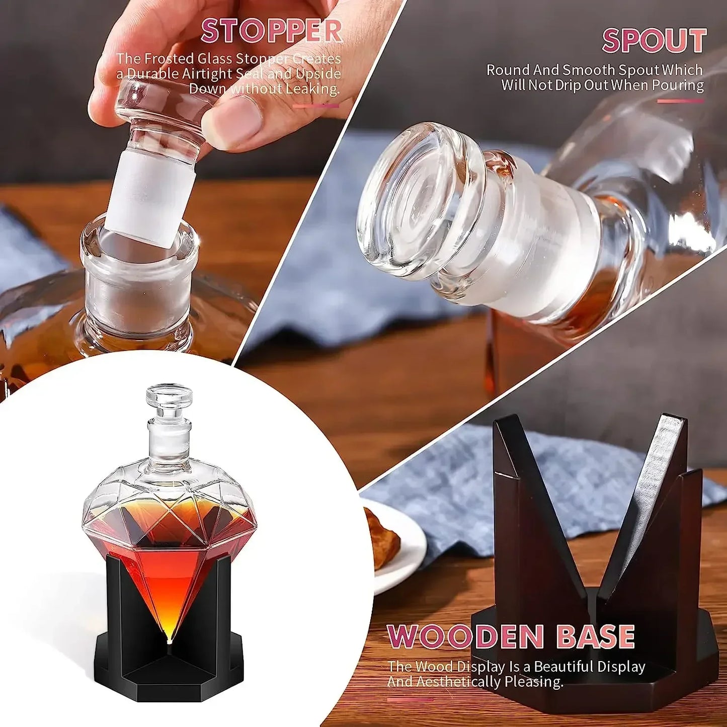 1000ml Whiskey Decanter glass  wine bottle with Wooden Holder Airtight Stopper Suitable for all kinds of alcohol Gift Shaker